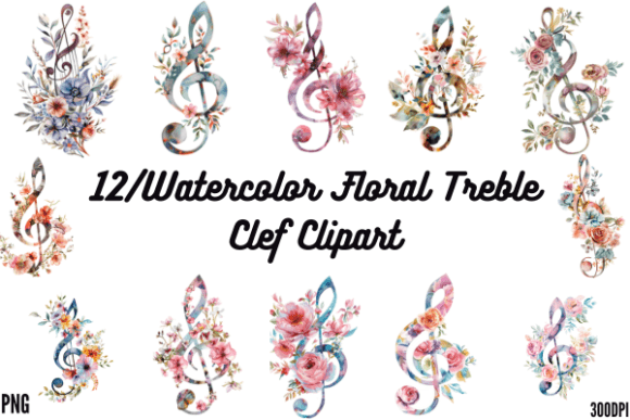 Download Watercolor Floral Treble Clef Clipart - Clef Collection